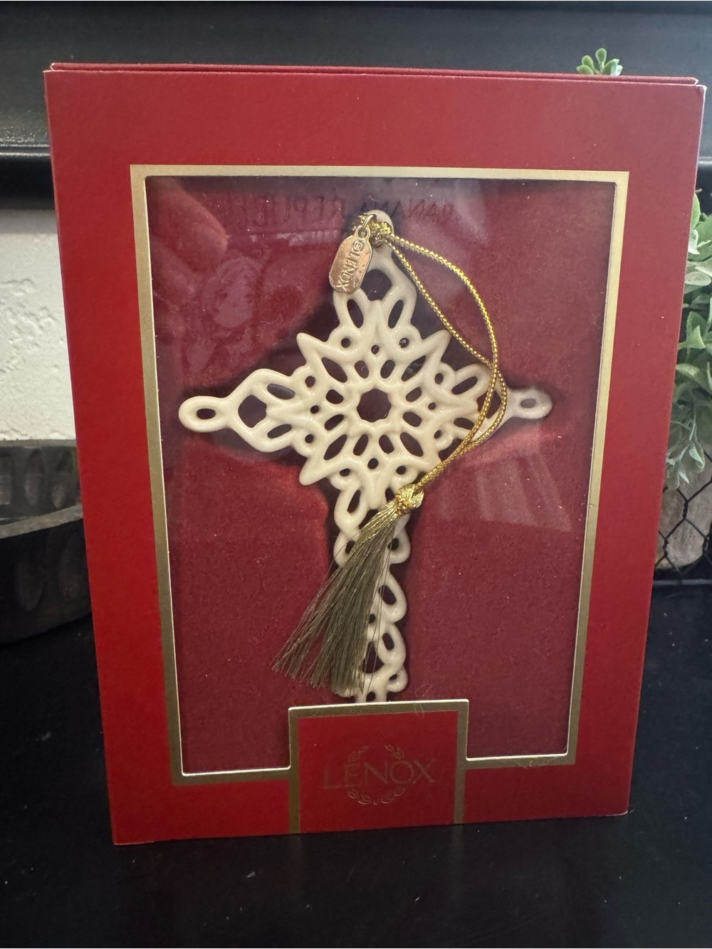 Lenox White Porcelain Filigree Cross Ornament with Gold Tassel